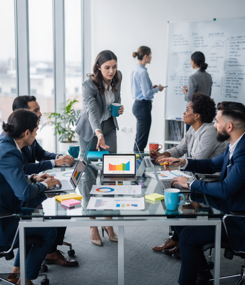 Profile portrait of a confident business executive wearing eyeglasses in a sunlit office setting.